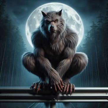 A werewolf crouches on a railing with a full moon behind in a dark forest.