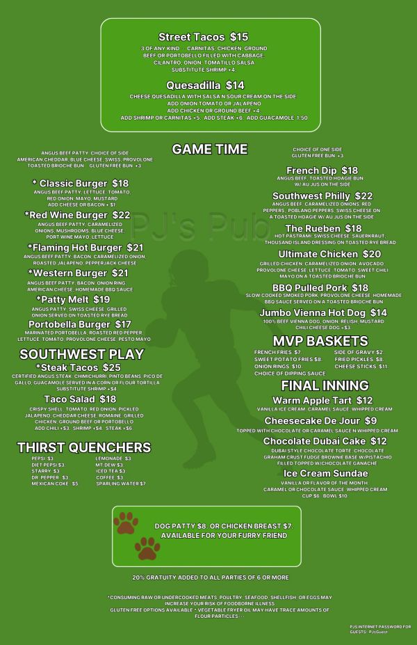 Menu featuring tacos, burgers, sandwiches, salads, drinks, and desserts.