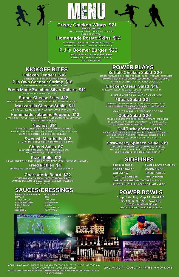 Sports bar menu with wings, burgers, salads, and snacks.