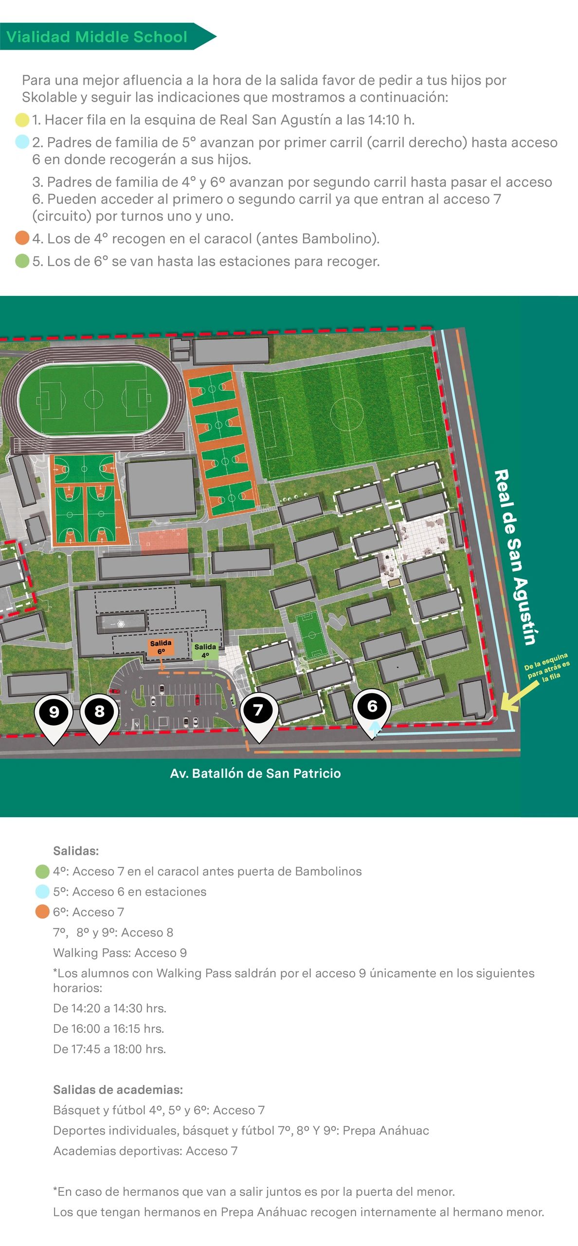 Mapa y guía de salida para padres y alumnos de Vialidad Middle School con instrucciones por grado y horarios.