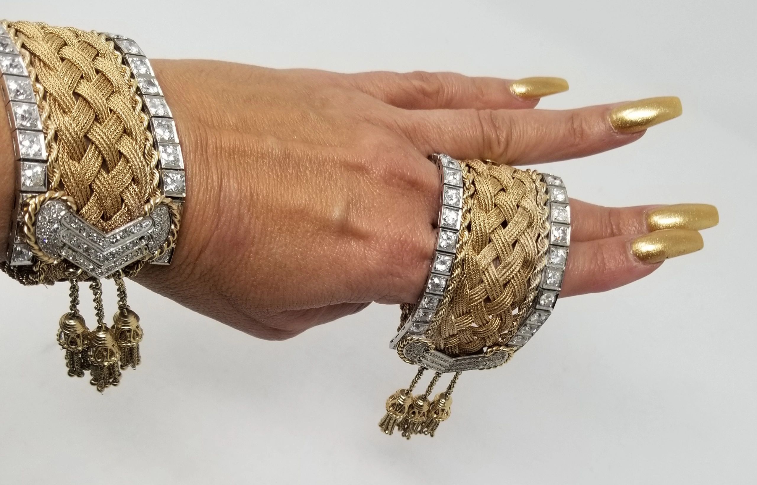 Mid Century woven gold & diamond tassle bracelets