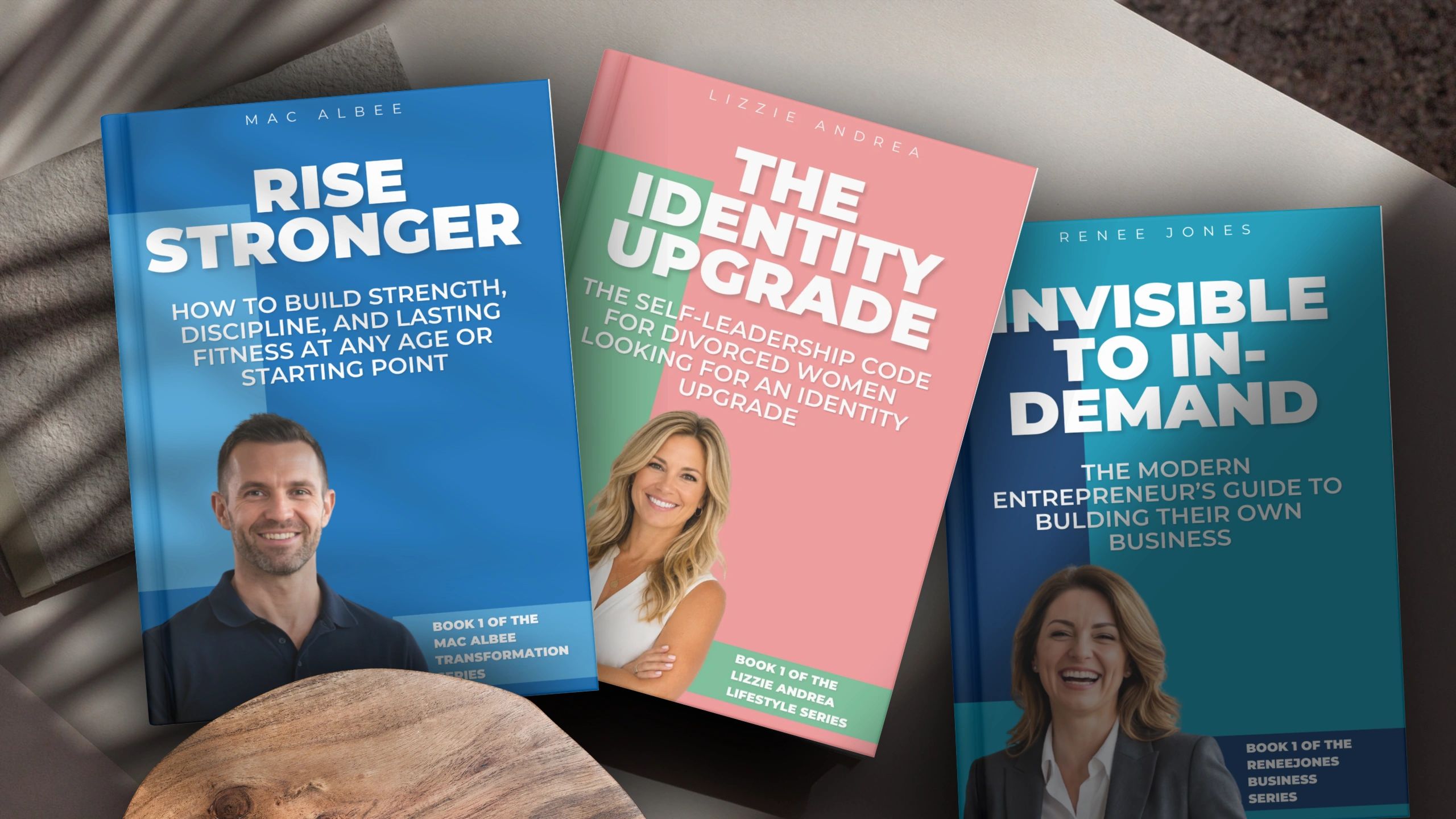 Three self-help books on strength, identity, and entrepreneurship with authors' photos.