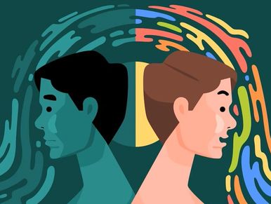 Illustration of two contrasting faces with colorful abstract backgrounds.