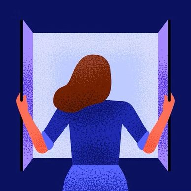 Woman opening a window, looking outside at night.