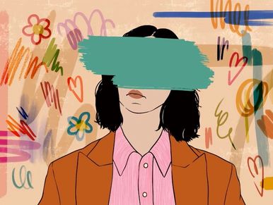 Abstract portrait of a woman with face obscured by a green brushstroke and colorful doodles.