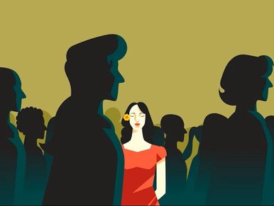 A woman in red stands out in a crowd of shadowed figures.