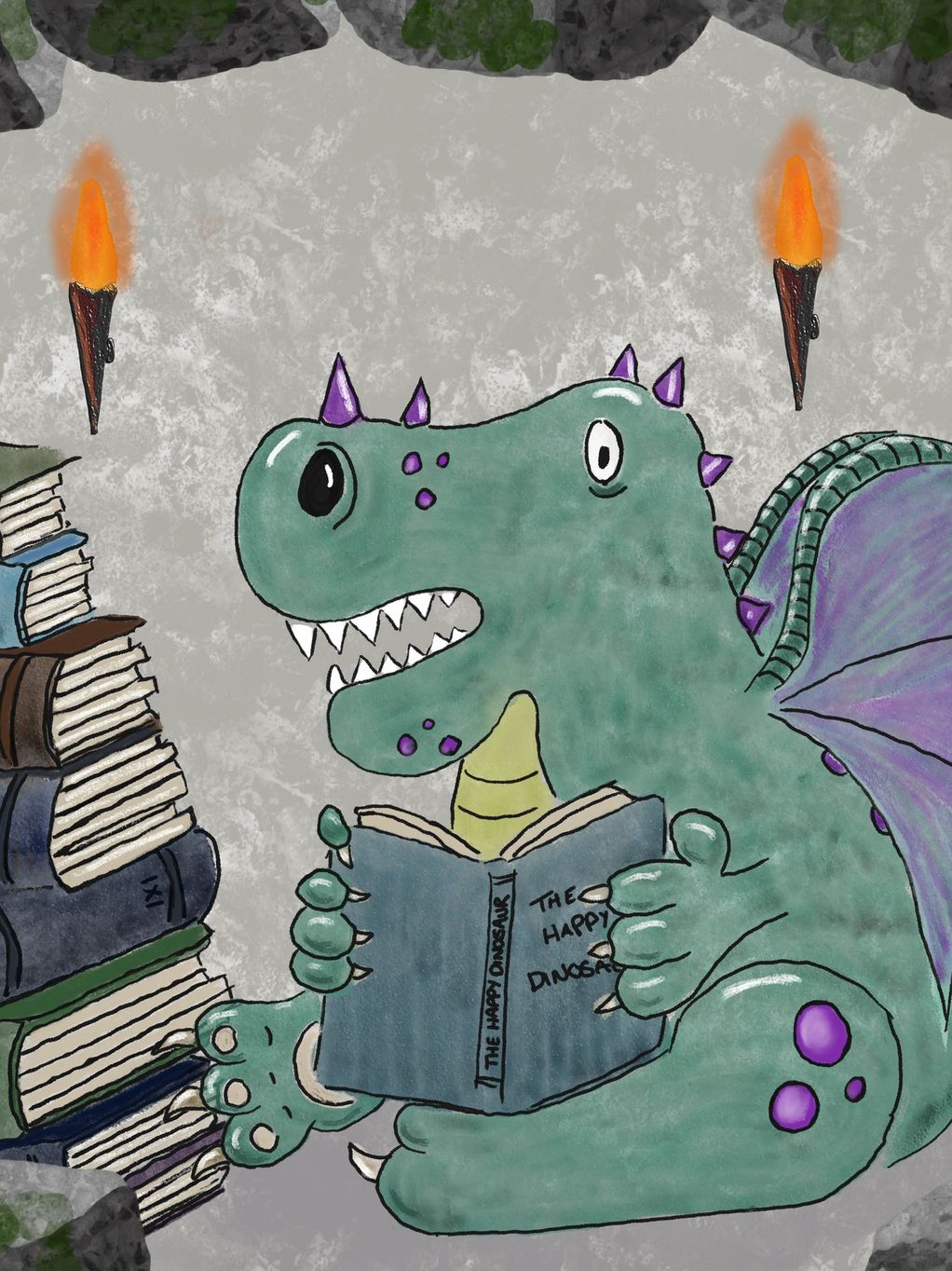 Green dragon in a cave holding a book. 