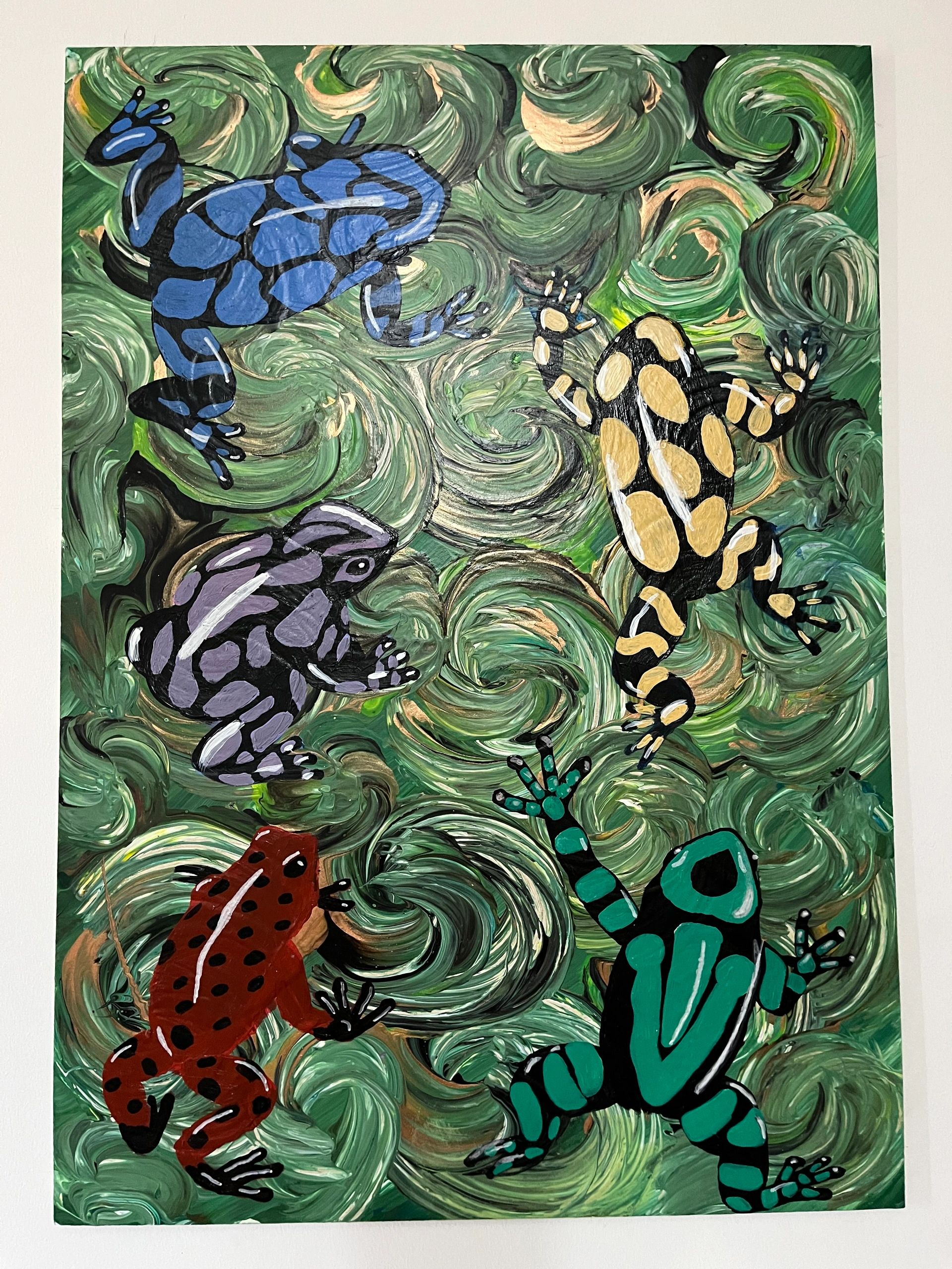 5 frogs on swirl background 