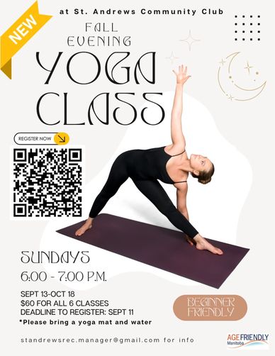 Flyer for new fall evening yoga class at St. Andrews Community Club.