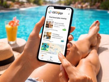 Person uses a job search app by the pool on a sunny day.