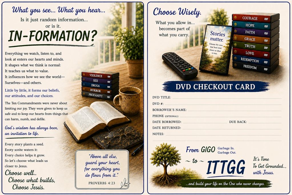 An open Bible with glasses and DVDs on a table, promoting choosing positive influences.