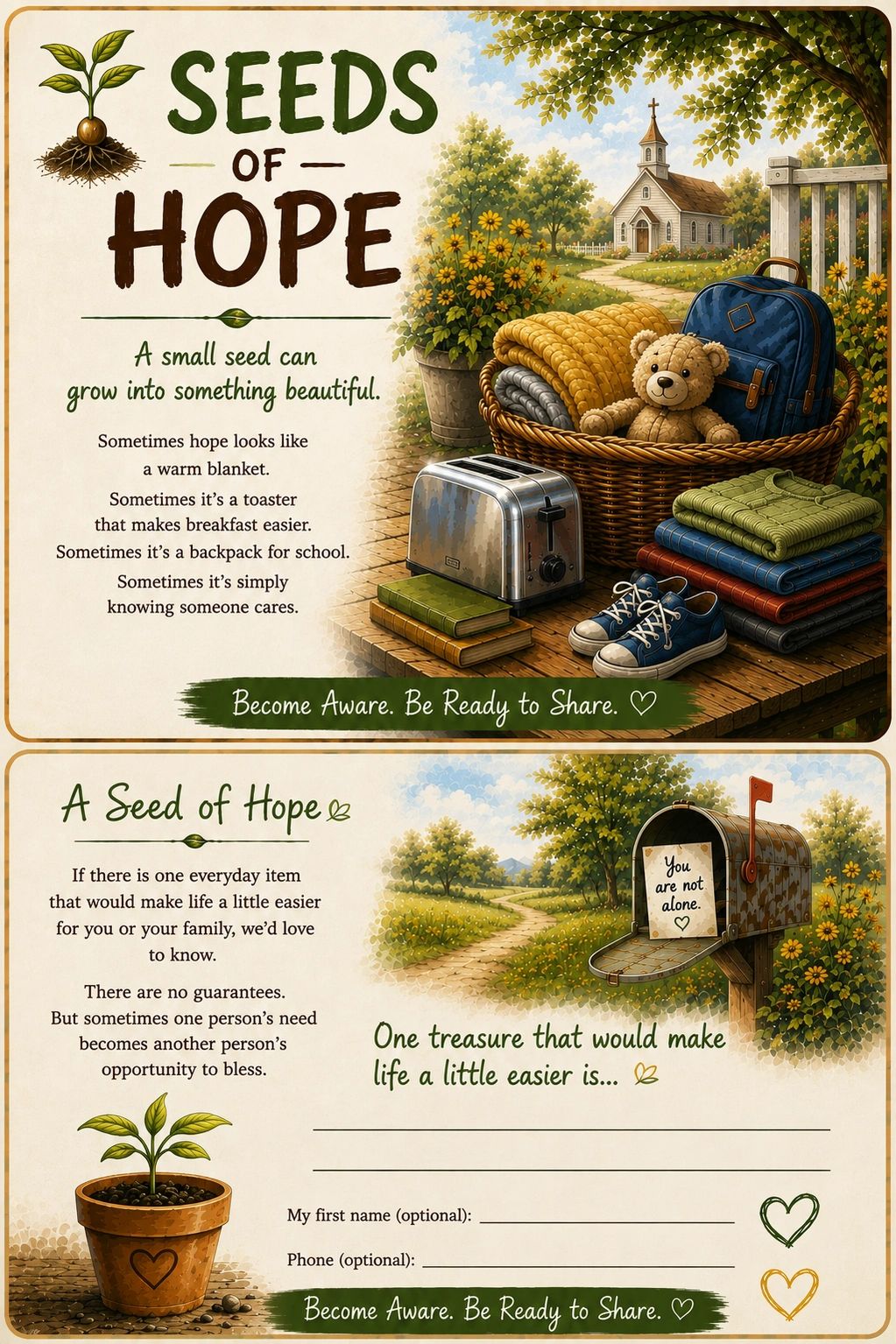 Inspirational poster about hope and sharing everyday items to help others.