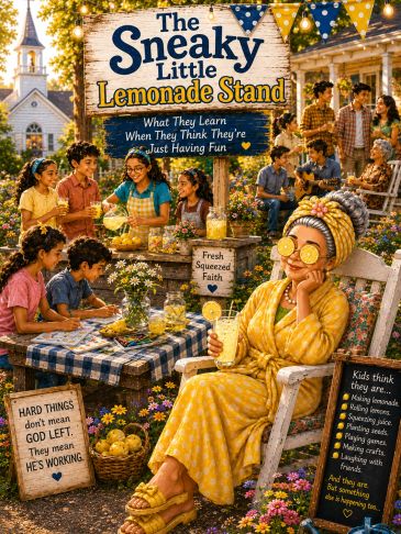 A lively lemonade stand with kids and a relaxed woman.
