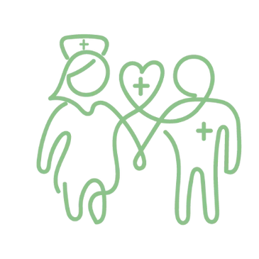 Green line art of a nurse and doctor connected by a heart with a medical cross.