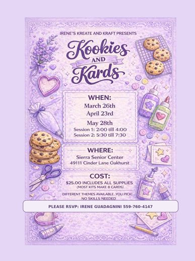 A pastel purple flyer for Kookies and Kards crafting events with cookies and craft supplies illustrations.