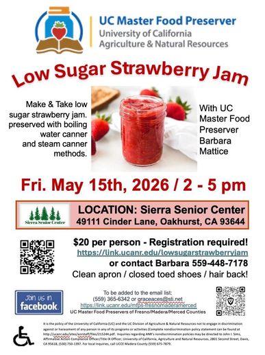 Flyer for a low sugar strawberry jam making event on May 15, 2026, at Sierra Senior Center.