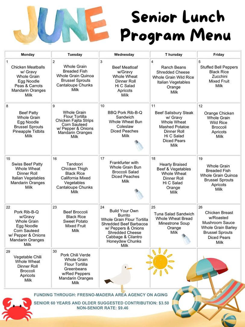 Senior lunch menu for June with daily meals including grains, vegetables, and fruits.