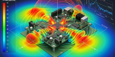 Heat and electromagnetic field simulation on a circuit board.