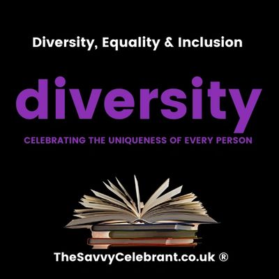 Black background with writing in white and purple diversity, equality and inclusion 
with a books 