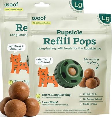 Woof Pupsicle refill pops for dogs, peanut butter and chicken flavor.