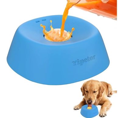 Blue pet water bowl with splash effect and a dog drinking from it.