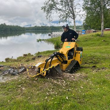Man operating stump grinder near a lake.