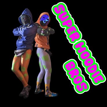 Two people in colorful hoodies and masks posing back-to-back.