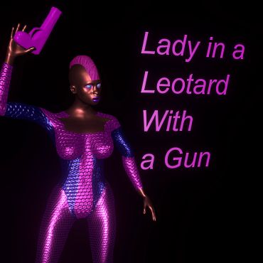 Futuristic lady in purple leotard holding a gun.
