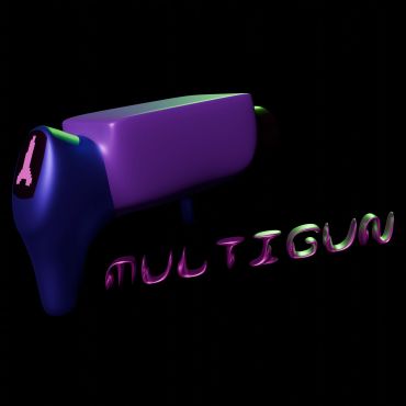 3D model of a purple and blue multitool with text.