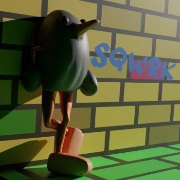 Cartoon bird leaning against a brick wall with 'SQWRK' graffiti.