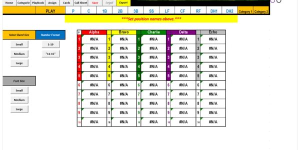 Spreadsheet for managing baseball lineup and player positions.