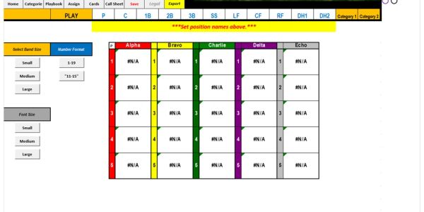 Spreadsheet for baseball play positions and team assignments.