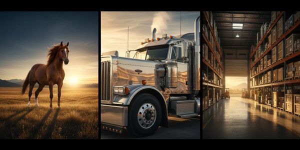 Horse, semi-truck, and warehouse at sunset in a triptych layout.