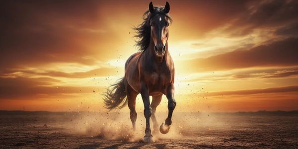 A majestic horse galloping toward the camera at sunset.