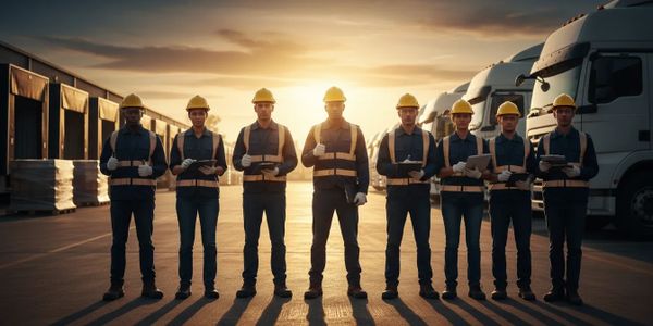 Eight construction workers in safety gear standing in a row at sunset.