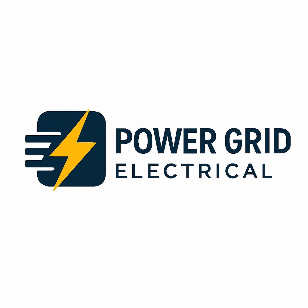 Logo of Power Grid Electrical with a yellow lightning bolt and bold text.