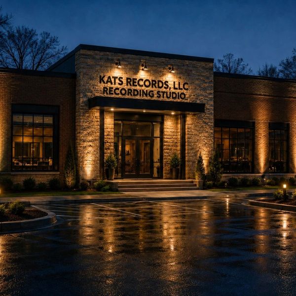 Exterior of Kats Records recording studio lit at night.
