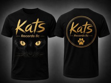 Black t-shirts with gold "Kats Records llc" logo and cat eyes.