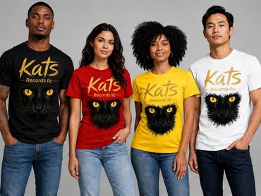 Four people wearing colorful 'Kats Records llc' t-shirts.