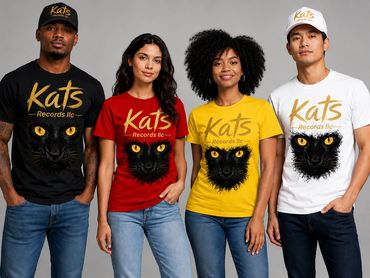 Four diverse models wearing colorful Kats Records t-shirts with a black cat design.