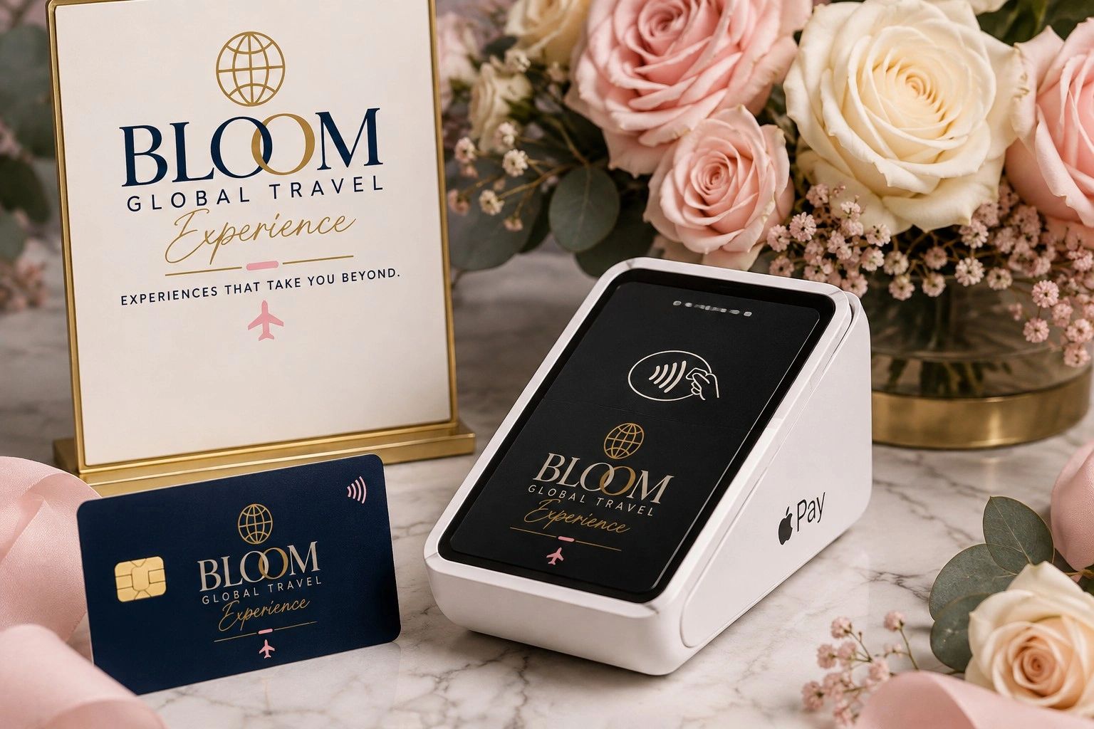 Bloom Global Travel Experience card and payment terminal with flowers.
