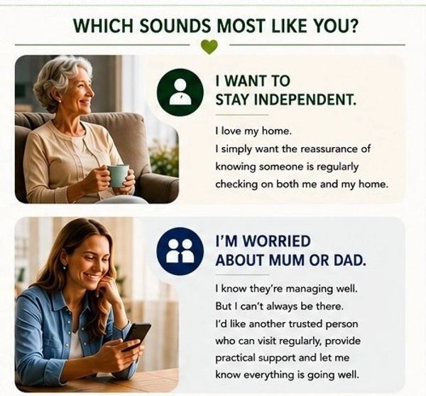 Two women reflect on independence and concern for aging parents. One is retired and living on her own, seeking reassurance of personal support and help when needed. The other is a 40 something professional living remotely from her parent, concerned that familiar, local help and support is sometimes needed.