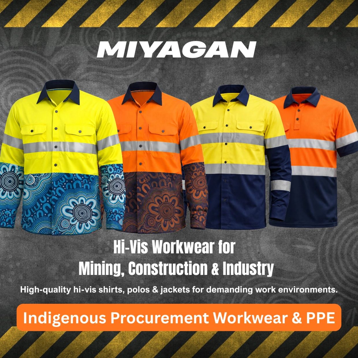 Hi-Vis workwear with Indigenous designs for mining and construction industries.