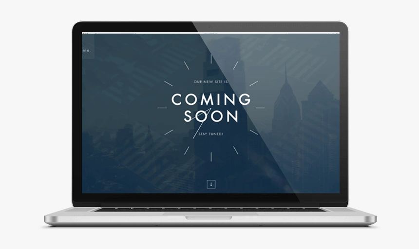 Laptop screen displaying a 'Coming Soon' message for a new website launch.