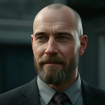 Portrait of a bald man with a beard in a suit and tie.