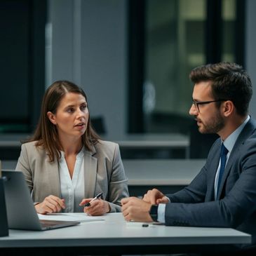 Two professionals engaged in a serious business discussion at a desk.