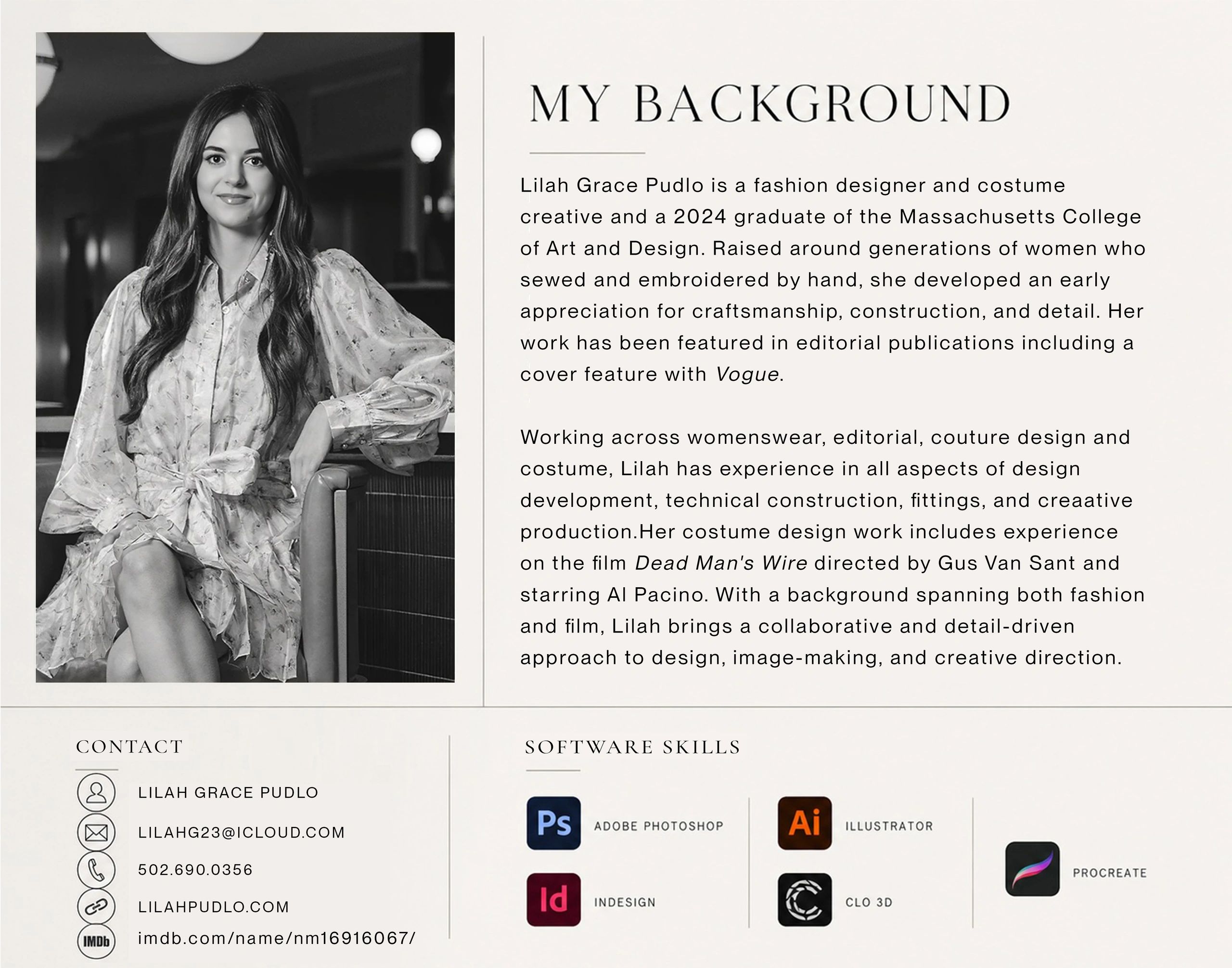 Professional profile of fashion designer Lilah Grace Pudlo with contact details and software skills.