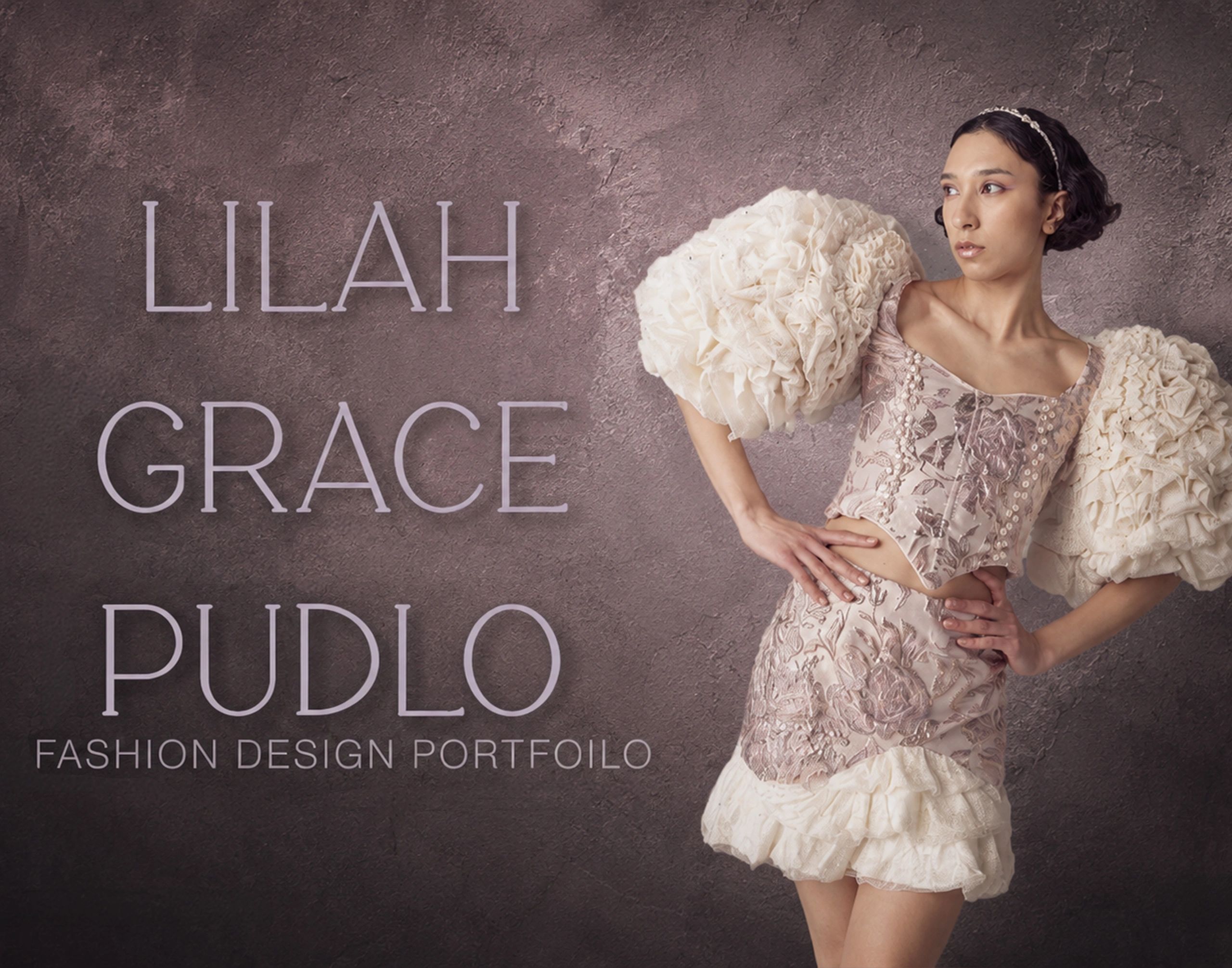 Fashion design portfolio cover with a model in an elaborate outfit.