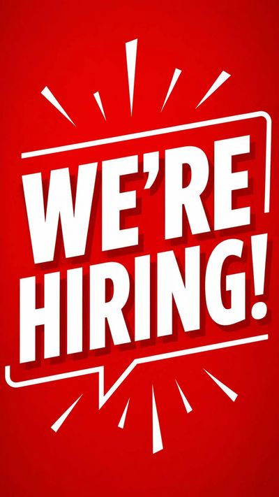 Bold 'We're Hiring!' text on red background.