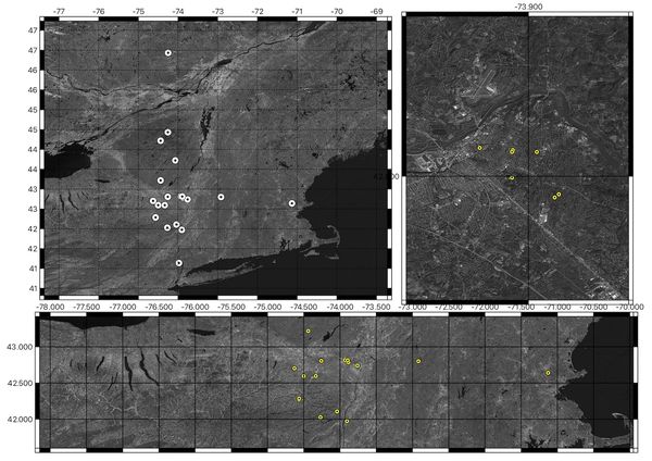 Three grayscale maps with marked locations using white and yellow dots.